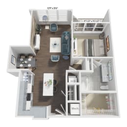 a stylized 3d floor plan with a bedroom and living room
