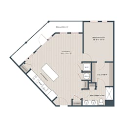 A floor plan of a home with a living room, kitchen, and bathroom.