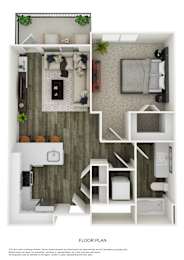 A floor plan of a small apartment with a kitchen, living room, and bathroom.