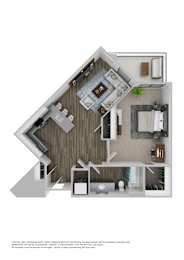 A floor plan of a house with a kitchen, living room, and bathroom.