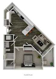 A floor plan of a small apartment with a kitchen, living room, and bathroom.