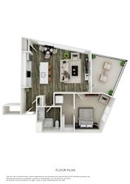 A floor plan of a small apartment with a kitchen, living room, and bathroom.