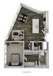 A floor plan of a small apartment with a bedroom, living room, and kitchen.