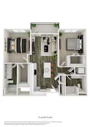 A floor plan of a small apartment with a kitchen, living room, and bathroom.