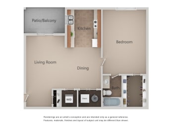 1 Bed 1 Bath Floor Plan with Optional Washer/Dryer at Crossroads Apartments, Utah, 84119