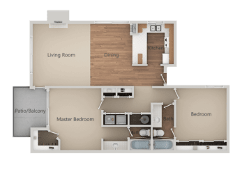 Two Bed Two Bath Floor Plan at Heron Pointe Apartments & Townhomes, Fresno, CA, 93711