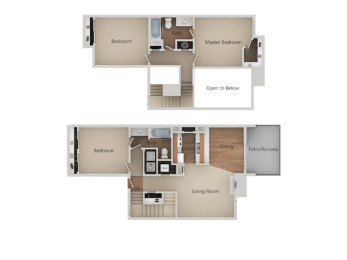 Three Bed Two Bath Floor Plan at Heron Pointe Apartments & Townhomes, Fresno, 93711