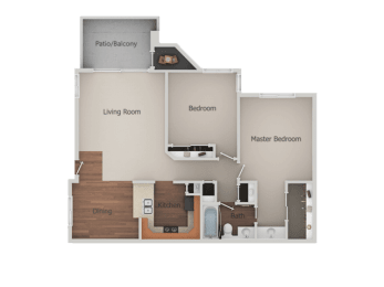 2 Bedroom 1 Bath Floor Plan at Canyon Club Apartments, California