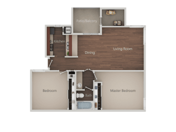 Two Bed One Bath Floor Plan at Eucalyptus Grove Apartments, Chula Vista, 91910