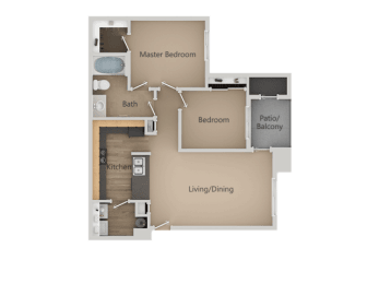 Two Bed One Bath Floor Plan at Four Seasons at Southtowne Apartments, South Jordan, Utah