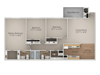 3 bedroom 2 bath Floor Plan at Courtyard at Central Park Apartments, Fresno, California