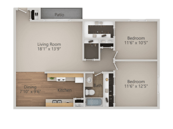 2 Bedroom 1 Bath Floor Plan at Courtyard at Central Park Apartments, Fresno, CA