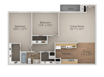 2 Bedroom 1 Bathroom Floor Plan at Courtyard at Central Park Apartments, Fresno, 93722