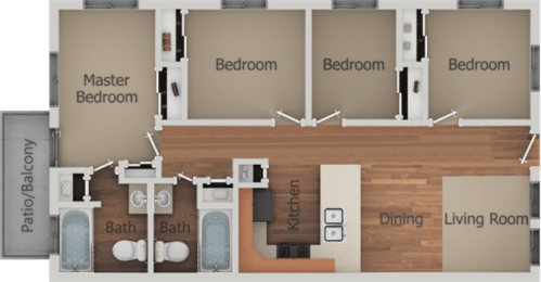 4 Bed 2 Bath Floor Plan at Creekside Villas Apartments, California