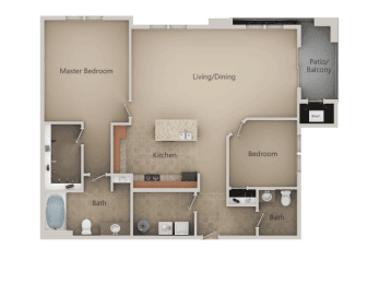 2 Bedroom 1 Bathroom Floor Plan at San Marino Apartments, Utah, 84095