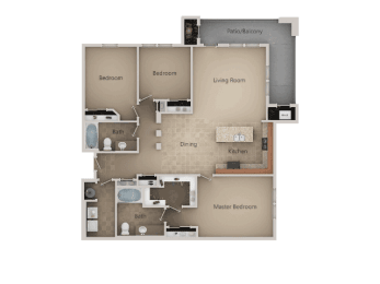 3 Bedroom and 2 Bath Floor Plan at San Marino Apartments, South Jordan