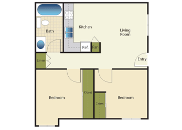 2 Bed 1 Bath Floor Plan at Peppertree Senior Apartments, California