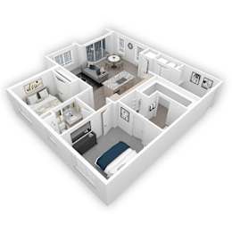 A 3D floor plan of a small apartment with a bedroom, living room, kitchen, and bathroom.