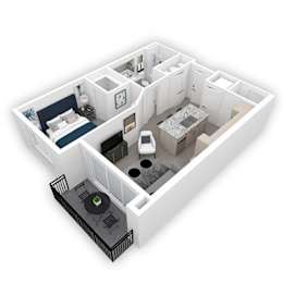 A 3D floor plan of a small apartment with a bedroom, living room, kitchen, and bathroom.