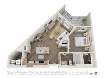 A 3D floor plan of an apartment with a kitchen, living room, and bedrooms.