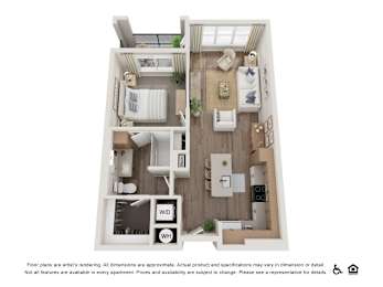 A floor plan of a small apartment with a kitchen, living room, and bedroom.