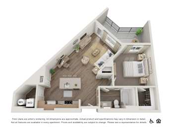 A floor plan of an apartment with a kitchen, living room, and bedrooms.