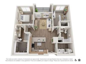 A floor plan of an apartment with a kitchen, living room, and two bedrooms.