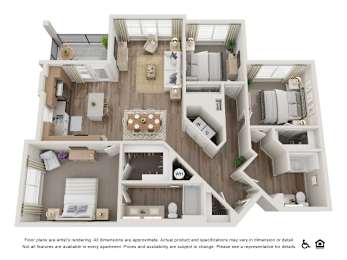 A 3D floor plan of a multi-bedroom apartment.