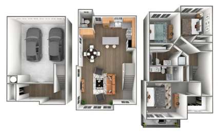 A set of three images showing different layouts of a car, a living room, and a kitchen.