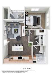 A floor plan of a small apartment with a kitchen, living room, and bathroom.