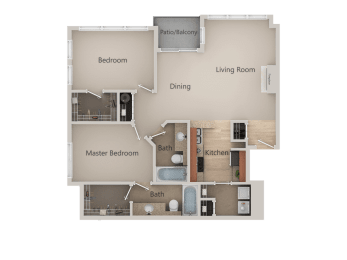 Two Bed Two Bath Floor Plan at Metropolitan Collection Apartments, Renton, Washington