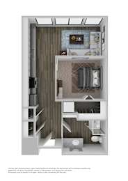 A 3D rendered image of a small apartment layout.