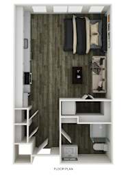 A floor plan of a small apartment with a bed, desk, and shelves.