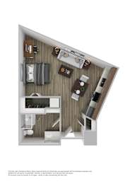 A floor plan of a small apartment with a kitchen, living room, and bedroom.