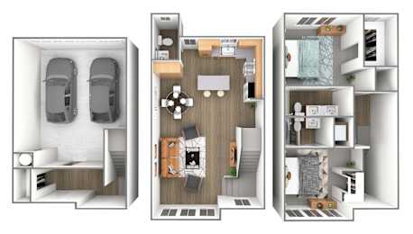 A 3D floor plan of a house showing the layout of the rooms.
