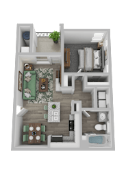 A 3D floor plan of a house showing a kitchen, living room, dining area, and bathroom.