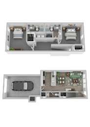 Two floor plan images of a house with a carpeted living room, a kitchen, a dining area, and two bedrooms.