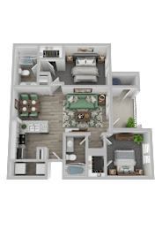 A 3D floor plan of a house with multiple rooms and furniture.