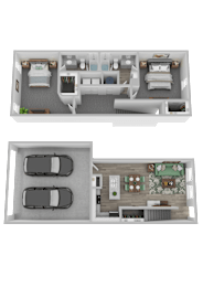 A floor plan of a house with two bedrooms, a living room, a kitchen, and a garage.