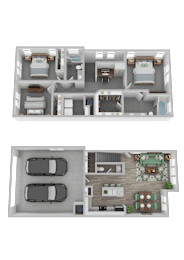 Two floor plan images of a house with two bedrooms, two bathrooms, a living room, a kitchen, and a garage.