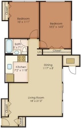 2 Bedroom 1 Bath Floor Plan at Walker Mill Apartments, District Heights