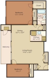 2 Bed 1 Bath Floor Plan at Walker Mill Apartments, District Heights, MD
