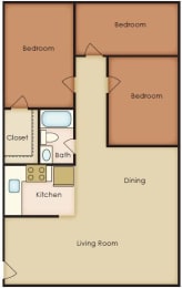 3 Bedroom 1 Bath Floor Plan at Walker Mill Apartments, Maryland, 20747