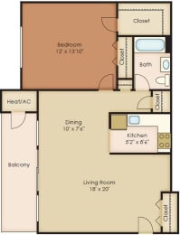 1 Bed 1 Bath Floor Plan at Walker Mill Apartments, Maryland, 20747