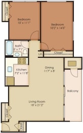 2 Bedroom 1 Bathroom Floor Plan at Walker Mill Apartments, District Heights, 20747