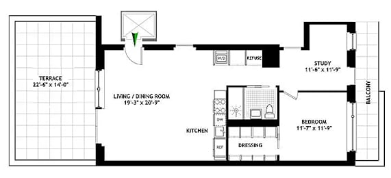Floor Plan  A floor plan of a house with a living room, kitchen, and two bedrooms.