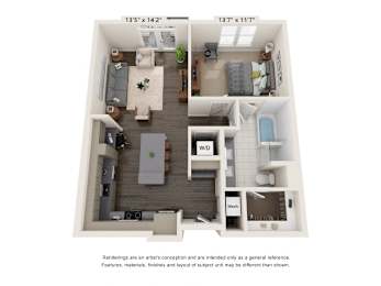 a stylized floor plan with a bedroom and a kitchen