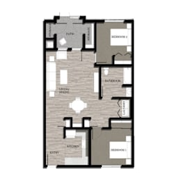 A floor plan of a house with two bedrooms, a living area, a kitchen, a bathroom, and a laundry room.