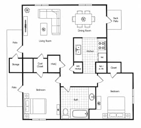 A black and white floor plan of a house with a living room, dining room, kitchen, two bedrooms, and a storage area.
