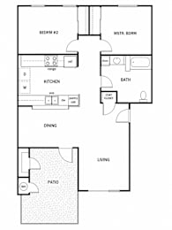 A floor plan of a house with a kitchen, dining room, living room, and bathroom.